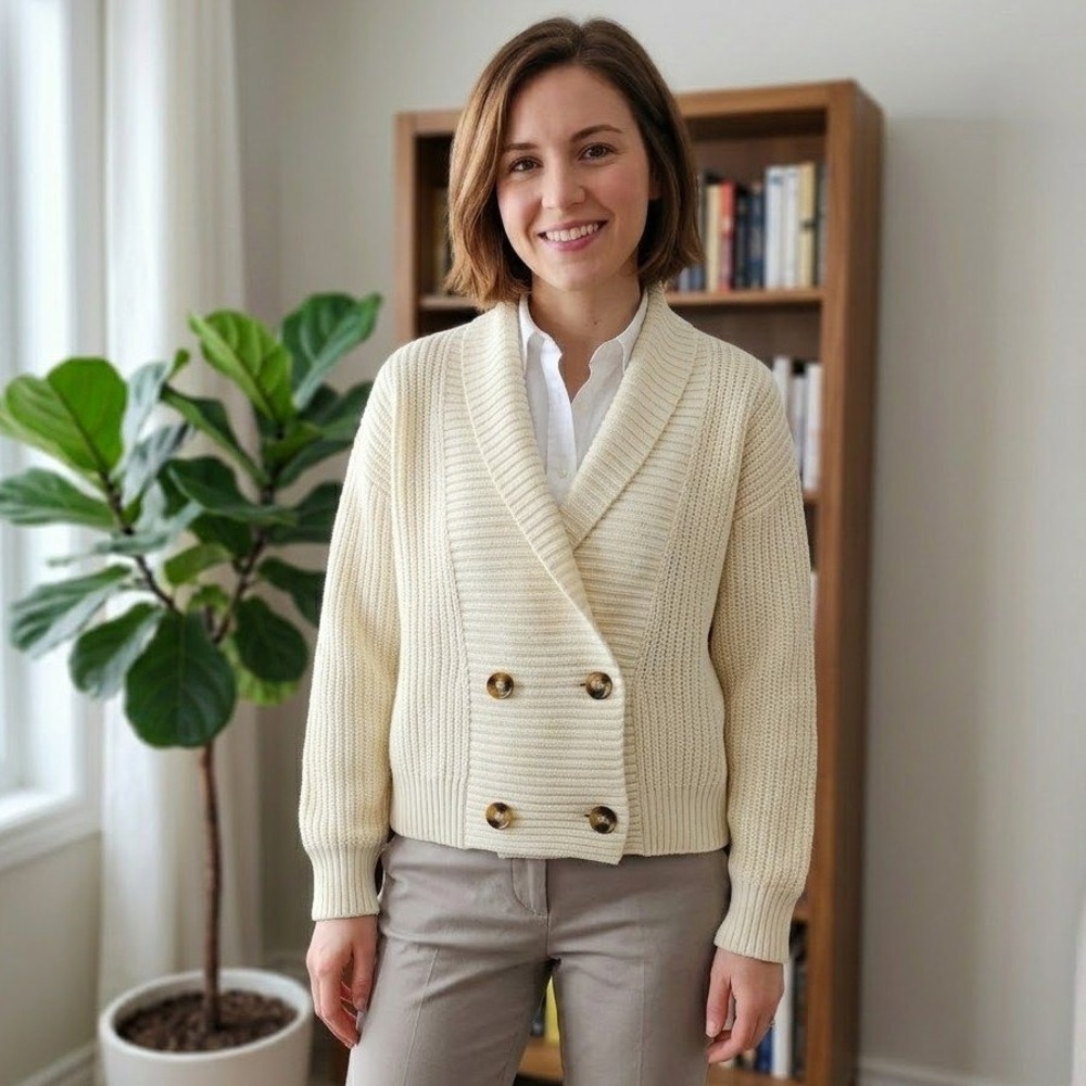 Joe Double Breasted Cardigan Womens XL Cream Chunky Knit Shawl Collar Preppy